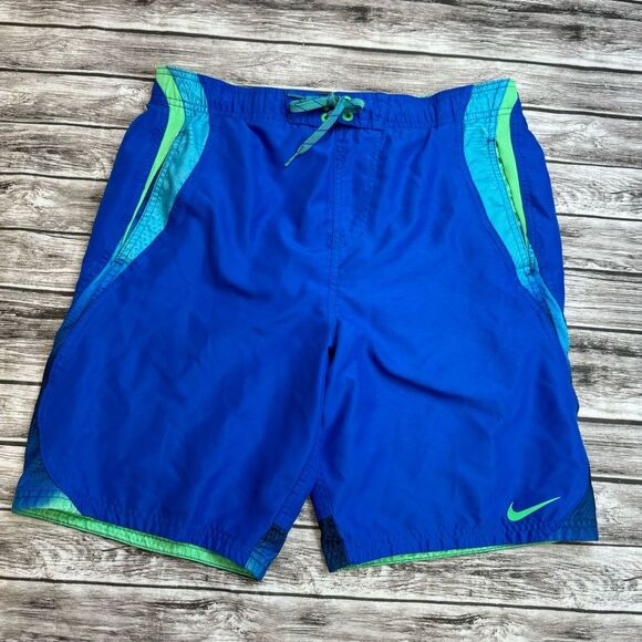Nike Men's Pull-On Swim Trunks Board Shorts Bright Blue Green S SM Small Logo - Picture 1 of 11